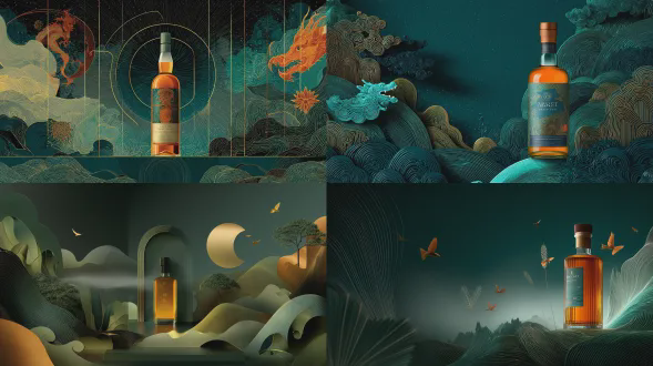 森林之夜活动海报设计。一幅夜幕下雾气朦胧的高地森林景象，轻柔的雾气在场景中飘荡。中央舞台上，有一瓶高级威士忌酒瓶，其中琥珀色的液体透过玻璃折射光线。背景将抽象几何麒麟图案与森林纹理融合，采用深森林绿、琥珀金和月光银色调。氛围奢华、富有诗意且具文化气息，舞台周围有音乐和表演的剪影。风格为简约几何，光线柔和，细节高分辨率，非常适合作为文化威士忌品鉴活动的主视觉