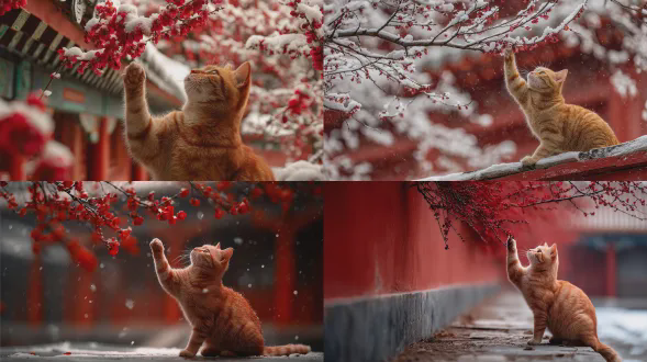 北京紫禁城的红色宫墙上，一只姜黄色的猫蹲伏着，抬起右爪去触碰上方的一朵红色梅花，周围是暴风雪场景，梅树覆着白雪，背景是模糊的紫禁城建筑，增添历史氛围，相机聚焦姜黄猫，捕捉细节，高对比度构图突出宫墙红色、积雪白色和猫的暖橙色之间的鲜明对比，整体氛围戏剧性且充满活力，宫墙的浓郁红色与积雪、猫咪温暖的橙色形成鲜明对比