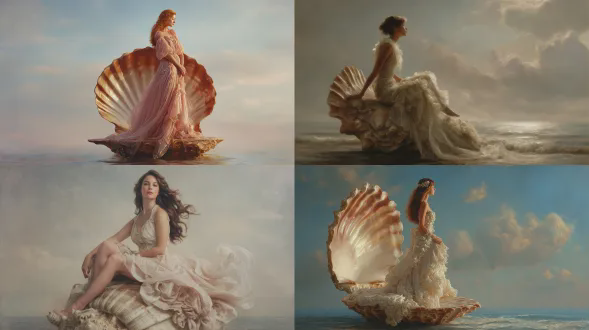 一位神似简·伯金的美丽女子如希腊女神般立于贝壳之上，融合了波提切利与梅内加齐画作的风格，全身照，细节精致，神话场景，柔和梦幻的光线，浅海与天空背景，珠光色调，飘逸薄纱长裙，宁静超然的表情，古典油画质感，超高分辨率，柔焦，戏剧性侧光，优雅站姿，贝壳纹理细腻，