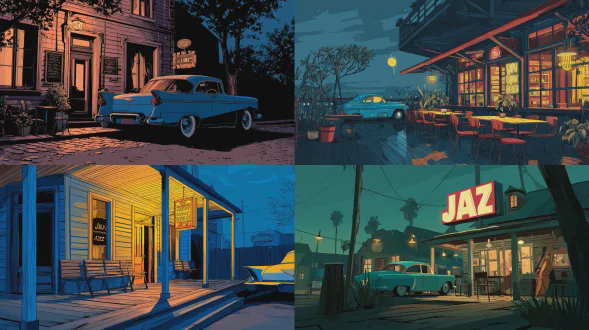 复古美国漫画风格插画，可爱60年代风格，夜间木质爵士露台，无人场景，远景构图，平面化色块，粗黑描边，霓虹灯招牌，复古老爷车，深蓝与暖黄对比色，柔和漫射光，怀旧情感，印刷网点纹理。