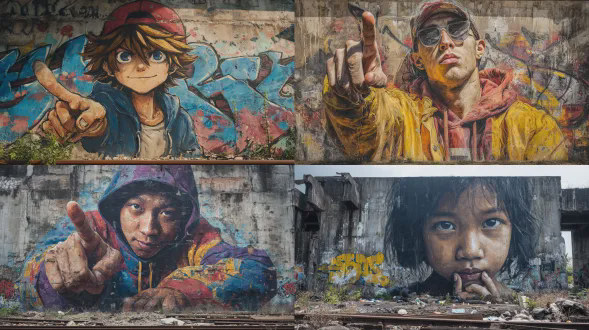 超现实照片，8k，低角度广角镜头，仰视巨大的混凝土涂鸦墙，废弃的火车场，印度尼西亚泗水城市，真实的东南亚工业区位置，刺眼的直射热带阳光，强烈的阴影，超细节纹理，剥落的油漆，破裂的混凝土，灰尘和铁锈，巨大的照片级真实街头艺术壁画覆盖整个墙壁，主体被绘制成壁画，使用上传的面部参考，上半身和头部从2d涂鸦突破到3d现实，无缝的2d到3d过渡，叛逆的微笑，强烈的眼神交流，电影般的现实主义，绘制的部分穿着色彩鲜艳的喷漆污渍连帽衫和帽子，油漆滴落，充满活力的分层标签，大胆的印度尼西亚街头艺术风格，混乱的色彩飞溅，细致的气溶胶笔触，使用我的身份的年轻人，逼真的3d人物，站在墙前，面对观众，自信的姿态，休闲的都市装束，手指指向确切的壁画位置，真人与绘画自我的互动，比例对比强调巨大的墙壁，前景是生锈的铁轨，废弃的喷雾罐，混凝土碎片，铁轨之间的杂草，深度和透视强调，清晰的焦点，高动态范围，超高质量，电影构图，获奖摄影，蔡司光学，raw照片外观。