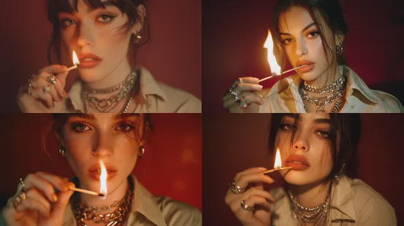 一位21岁白人女子手持点燃的火柴，火苗位于她的嘴唇上方，透过发丝直视镜头。特写肖像。部分面部被松散的发丝遮挡。她的右手抬至面部，手指间夹着一根细长的木质火柴，火柴顶端燃着明亮的火焰，向上指着。她的皮肤均匀哑光，长长的黑色睫毛，浅棕色眼影，以及哑光棕色唇膏。女子穿着一件略微解开纽扣的浅色衬衫，由柔软的面料制成，带有翻领，最上面的几对纽扣未系。她的脖子上戴着几条长度不一的银色金属链：一条链子较粗，带有较大的链环，另一条链子较细且较短。她的手指上装饰着几枚厚度不一的金属戒指。她的指甲长度适中，涂有棕色亮面指甲油。背景是极简主义风格，采用统一的深暖红色背景，没有明显的细节，营造出浓郁的背景。光线是戏剧性和电影化的，具有戏剧性的低调光照。主要光源是位于面部正前方的暖橙黄色火柴火焰。一个小的实用光源从下方照亮面部的下半部分、鼻子、嘴唇和手指，营造出明亮的局部重点。来自相机右侧的额外的柔和、温暖、低功率的侧光几乎无法填充头发和脸颊轮廓上的阴影。手和鼻子在脸上投下硬阴影；火焰光在皮肤的明亮区域和黑暗背景之间产生高度的局部对比。高度细节化，照片写实，使用 85 毫米人像镜头拍摄。重要提示：女孩的脸部保持不变，具有自然的特征和真实的皮肤纹理，眼睛的颜色不会改变。