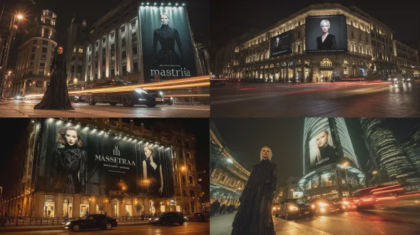 电影感的米兰奢侈品区夜景，现代建筑与时装屋林立。整栋建筑的led广告牌展示着同一位女性的高定系列肖像，戏剧性阴影，编辑式灯光。广告牌上用奢华字体写着"maestria"。前景中，她自信地站立，身着雕塑感黑色礼服，大理石地面反射着温暖灯光，豪华汽车驶过，情绪色调，高级时尚广告风格，超现实主义，8k