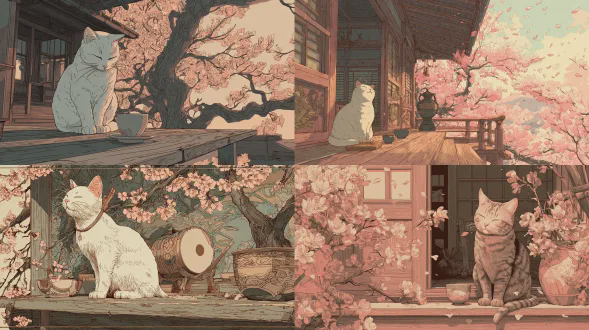 一只猫安详地坐在茶馆的木质甲板上，双眼紧闭，微微摇晃，仿佛随着看不见的旋律打着两个邦戈鼓摇摆。樱花在风中飘过，旁边放着一个小茶杯。传统浮世绘木刻版画风格，柔和的粉色和温暖的金色调，夸张的猫咪平滑表情，高度细节化，适合专业海报印刷