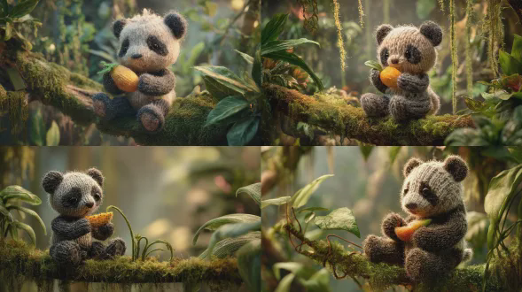 一只可爱的用针织纱线制成的小熊猫，手工制作的质感，可见的针脚和柔软的羊毛纤维，坐在茂密热带丛林中长满青苔的树枝上，用小巧的针织爪子拿着并吃着一个多汁成熟的芒果，果汁在纱线表面微微闪烁，周围环绕着大而有光泽的叶子、悬挂的藤蔓和轻柔的薄雾，温暖的自然光透过树冠过滤，浅景深，超细节，舒适的手工美学，异想天开的氛围，电影化的打光，高分辨率，微距纹理聚焦