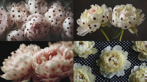 复古花卉图案主题特写，奶油色牡丹与白色波点，黑色丝绒背景，对称构图，细节丰富，微距镜头，工作室灯光，侧光与背光结合，哑光质感，柔和阴影，柔焦效果，古典静物画风格，优雅精致，宁静氛围，低饱和度，粉色调。