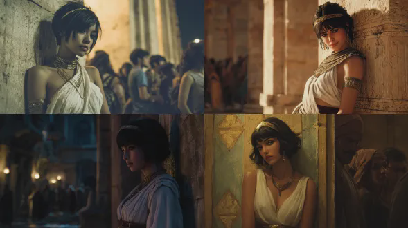 一位美丽的埃及女子戴着简单的项链和头带，在夜间靠在一些人面前的古罗马建筑的墙上。她有黑色短发和刘海，穿着传统服饰，腰间裹着一块白布，风格类似于artgerm