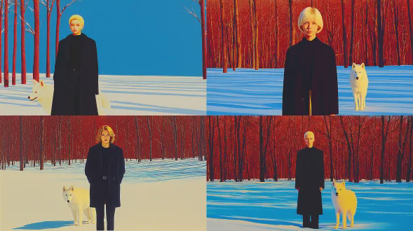 一个年轻的白人美丽女子站在雪地里，她高挑、马甲线发达，有着金色的短发。她全身黑色装扮，黑色裤子、黑色衬衫和黑色长款羊毛大衣。她神秘、黑暗且诡秘，但即便看起来困扰仍具吸引力。她周围的雪林闪闪发光，一只白狼在他身旁行走，是她的伙伴。