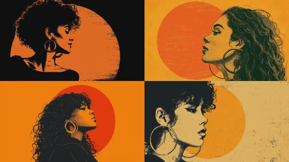 一位留着卷发且戴着大环形耳环的拉丁裔女性，侧面朝向，背景是橙色的太阳，风格为矢量艺术，具有90年代海报设计美学，适合t恤图形设计，带有复古外观和类似丝网印刷的磨损边缘