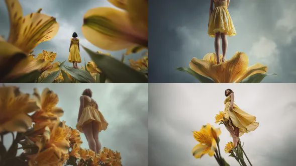 超现实时尚摄影，低角度拍摄，一位短发女子穿着黄色连衣裙站在一朵巨大的小苍兰上，赤脚，植物尺寸夸张，人类比例迷你化，梦幻多云天空背景，柔和光线，电影构图，高细节，插画