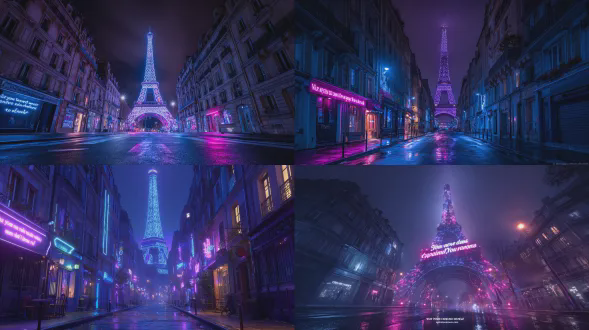 巴黎埃菲尔铁塔夜景，霓虹灯光组成文字“你的梦想需要一个身体来实现”，赛博朋克风格，未来主义都市，低角度仰拍，超广角镜头，电影感构图，高动态范围，蓝紫色调与霓虹粉点缀，潮湿反光街道，强烈的希望与孤独感，暗调摄影，细节丰富。