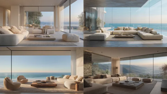 马尔韦利亚别墅豪华客厅，全景海景落地窗，地中海温暖光线，米色沙色调现代优雅家具，天然石材木材材质，宁静精致氛围，建筑室内摄影，超写实风格，8k分辨率，广角镜头，自然光，对称构图，中性色调，极简主义，空灵静谧