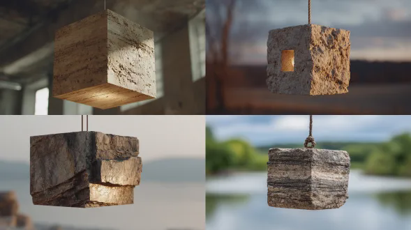 立方体由压实岩石层构成，可见分层纹理，自然逼真，悬浮于平静日光中，极简主义构图，中心对称，柔和漫射光，浅景深，微距镜头，哑光质感，大地色系，宁静氛围，地质细节，静止悬浮，自然杰作。