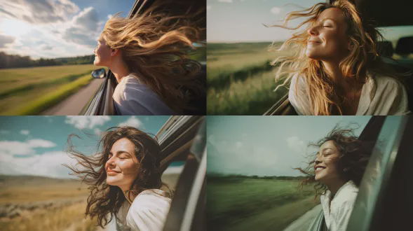 一张快乐的女子探出车窗外的照片，她的头发在风中飘动。在晴朗的日子里，她穿着白色衬衫，背景是一片绿色的草地。图像有运动模糊效果，并用佳能eos r5相机拍摄