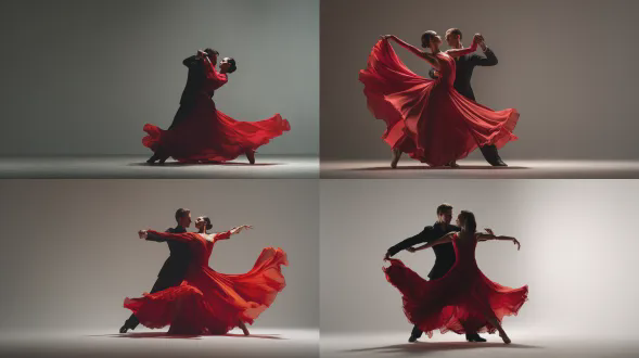 优雅的舞厅 高加索舞蹈夫妇，戏剧性的表演姿势，动态的动作，穿着飘逸红色连衣裙的女性，男性舞伴穿着黑色西装，捕捉到旋转中的瞬间，工作室摄影，纯净简洁的背景，纯色中性背景，只有柔和的地板阴影，没有环境，没有舞台，没有聚光线条，没有烟雾，高端时尚广告活动风格，超清晰，全身照，优质布光，柔和漫射的主光，微妙的轮廓光，主体孤立，右侧有负空间用于排版，简约风格，现代广告视觉