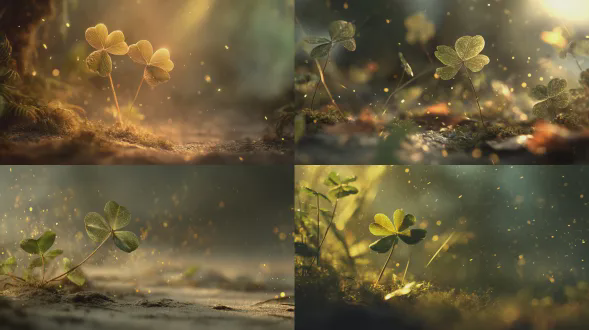 神奇的电影场景，展现一片四叶草轻柔从地面生长，象征共享的幸运与希望，柔和温暖的金色与绿色光线照亮四叶草，细微发光微粒飘浮四周，宁静积极氛围，有生长、和谐及宁静幸福之感，属优雅幻想现实主义，具电影式柔和光线，背景极简，无人、无文字、无排版