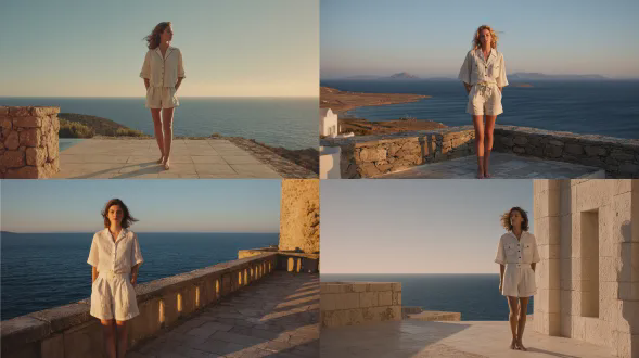 身着2026春夏系列协调亚麻夏装的欧洲女性模特全身照：短袖衬衫和定制短裤采用柔软象牙色亚麻材质，宽松版型带自然褶皱，衬衫配有露营领和珍珠母纽扣，短裤前片平整且有侧袋，长度至大腿中部，赤脚站在阳光普照的石质露台上，俯瞰地中海，黄金时刻的光线投射出长长的影子，头发略显蓬松