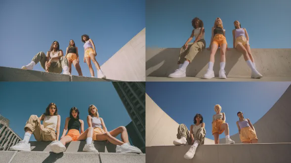 户外城市环境中的低角度时尚编辑照片，三位年轻女性模特，干净的混凝土建筑，晴朗的蓝天，明亮的自然日光，清新且充满活力的氛围。相机置于低位，向上拍摄。模特们呈松散三角形构图。左模特：坐在低矮混凝土壁架上，一条腿弯曲，姿势放松，穿着卡其色裤子和象牙色无袖上衣，白色运动鞋，纯色白色中筒袜，及膝长度。中间模特：站在中间，微微前倾，双手自然放在膝盖上，穿着黑色无袖上衣，橙色紧身短裤，白色运动鞋，纯色白色中筒袜，及膝长度。右模特：随意站立，略微朝向中间，穿着浅薰衣草色无袖上衣，橙色紧身短裤，白色运动鞋，纯色白色中筒袜，及膝长度。自然运动型身体比例，健康肤色，逼真的织物纹理，清新时尚运动装编辑风格，专业摄影，高分辨率。
