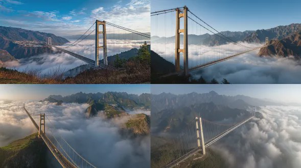 花江峡谷大桥，巨大的悬索桥横跨峡谷与云海，平视视角，相机几乎与桥面平行，桥的清晰侧视图，桥居中且水平贯穿画面，塔和主缆清晰，结构线条干净；下方是浓密翻滚的云海，远处是层叠的山脉，清晨蓝金色自然光，高云，清新通透的高级写实电影质感，细节锐利，细微胶片颗粒，hdr，8k