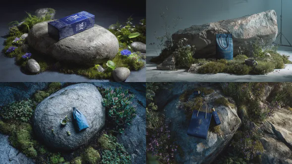 专业产品摄影工作室拍摄，一个巨型蓝色茶叶包装和一个礼袋放置在一块巨大光滑的石头上，真实纹理细节，镜头往下俯视拍摄，周围有植物、苔藓、小花朵点缀，展示不同角度，整个场景简洁，细节纹理逼真，体现真实感