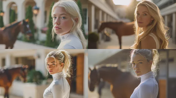 奢华生活方式编辑内容，过肩一瞥：25岁棕发女子转身然后回头看向镜头，高级白色紧身运动休闲装（无品牌标志），站在 pristine 的户外马厩庭院，优雅现代建筑，极简装饰；背景中较深的平静棕色马，柔和地失焦；柔和的黄金时刻主光，头发上轻柔的轮廓光，微妙的反光板补光，背景稍暗以区分；全画幅，85mm，f/2.0，电影散景，hdr，8k，逼真编辑修饰，微妙的胶片颗粒