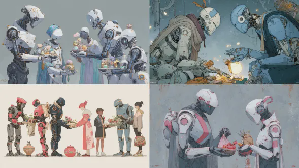 机械机器人相互交换美丽多样物品的插画；不同形态的机器人小心翼翼地手对手传递饰品、织物、工具、小型手工艺品和精制遗物；呈现轻柔姿态、专注姿势，有信任、好奇与共享文化之感；是安静的社交仪式，重视超越纯粹实用的美；具受《arcane》启发的风格化绘画美学，有表现力手绘纹理、半写实角色与环境设计，可见画笔笔触，有戏剧性又扎根的视觉语言，柔和电影光线，冷色调搭配柔和对比高光，带淡淡忧郁与微妙抒情性，有大气科幻冒险氛围且具戏剧性和神话般底蕴，构图精致，深度感强，有微妙电影颗粒感，情感充沛却克制，艺术凝聚力高，达概念艺术品质