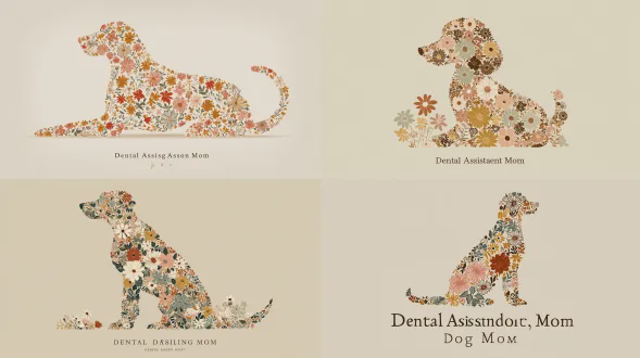 花卉狗狗剪影插画，坐着的狗狗侧影完全由小型复古野花和雏菊构成，密集的花卉图案填充狗狗形状，温暖的大地色系（铁锈色、芥末黄、腮红粉、奶油色、鼠尾草色），复古花卉美学，女性化且具艺术性，干净纯色浅色背景（温暖米色或柔和象牙色），背景无纹理，中心构图，下方有优雅简约文字“牙科助理&狗狗妈妈”，文字中融入细微的小牙齿线条艺术图标，高端美学，不幼稚，高分辨率，可用于印刷，无模型，无织物褶皱，无阴影，无水印