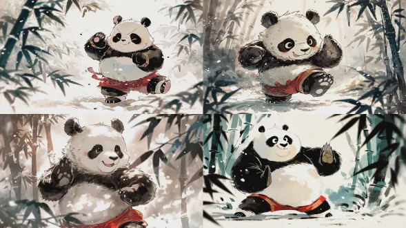 功夫熊猫阿宝，经典黑白色熊猫，红色短裤，憨厚笑容，中国水墨画风格，竹林背景，浅景深，柔光，动态模糊，太极云手动作，水墨纹理，柔和色彩，宁静喜悦。