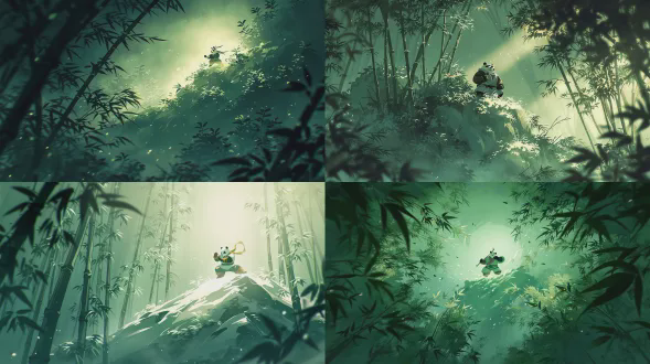 kung fu panda 在山顶云雾缭绕的竹林间练武，水墨画风格，动作飘逸，穿着传统中式练功服，表情坚定，充满禅意，广角镜头，远景，戏剧性顶光，动态模糊，柔和的青绿色调，宁静而强大。