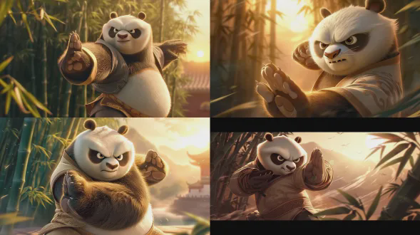 功夫熊猫阿宝在翡翠宫，马步冲拳，眼神坚定，传统中式服装，清晨阳光，竹林背景，动态模糊，电影感，中景，浅景深，黄金时刻，暖色调，英雄气概，幽默感，史诗感，动作捕捉，细节丰富。