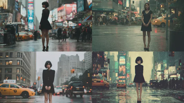 一个日本短发的20岁女孩，表情略带悲伤，在下雨的下午站在纽约十字路口，穿着裙长至大腿中间的黑色连衣裙，脚踩一双黑色高跟鞋