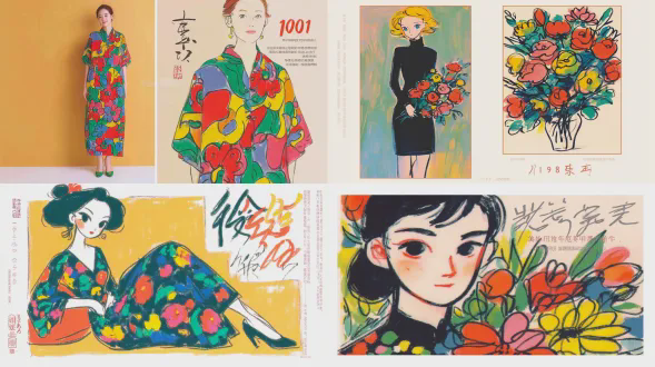 复古风格，东方美学，现代与传统的融合，女孩穿着传统中式花卉刺绣长袍，简约米色背景，充满传统中国艺术气息的 vibrant 花卉图案，强调花朵与人物的对比，平静的表情，深色花卉服饰交织金色线条，柔和背景，简洁而宏大的构图，优雅的高跟鞋与服装相得益彰，温暖和谐的色调，丰富细节，凸显中式风格的魅力，现代排版传达传统与现代的融合