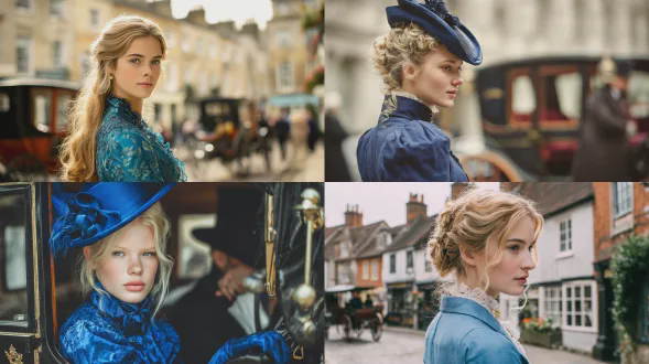 西方19岁棕发美女着蓝色摄政服饰，四分之三后视图肖像，英国小镇晨景马车背景，复古风，侧逆光，长焦，柔焦，优雅。