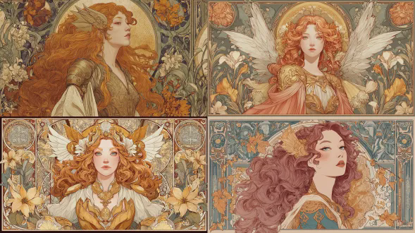 优雅的新艺术风格插画肖像，描绘一位美丽的瓦尔基里女武神，装饰风格类似阿尔方斯穆夏，流畅的有机线条，风格化的有翼头饰，长长的卷曲铜色头发，飘逸的长袍与装饰性盔甲部件融合，金色叶状图案，周围环绕着花卉图案和神话符号，柔和的柔和色调搭配丰富的金色 accents，复杂的边框框架，风格化的神圣背景，平版印刷纹理