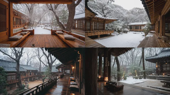 大雪纷飞中从韩屋大厅的第一人称视角，大片雪花飘落宁静森林与传统庭院，屋顶和树木积雪，木地板上有热饮和毛毯等舒适细节，营造平静沉浸的冬日氛围，真实摄影，尼康z9，35mm镜头，iso 400，f/2.8，阴天白平衡