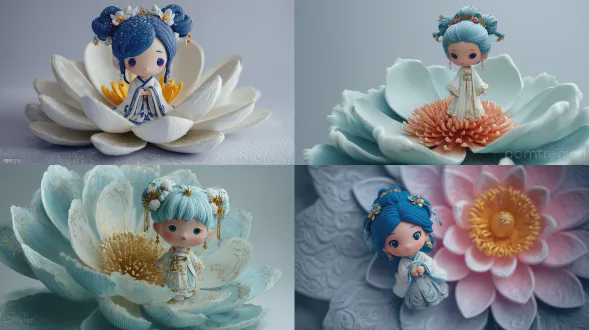 一个有着蓝色头发、身着白色汉服的可爱中国女孩站在一朵盛开的巨型花朵上，她身上装饰着精致的图案和色彩。背景是简洁的灰色渐变配色方案，她的脸部有美丽的细节。她佩戴着华丽的耳环和配饰，凸显她的美。这个形象由泡泡玛特玩具设计师“x mergers”用独特的雕刻技术创作，捕捉了她面部特征的每一个细节