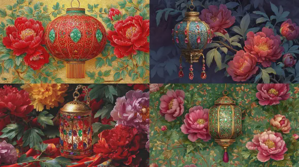 超写实油画风格。一盏镶嵌宝石的中国灯笼，周围环绕着牡丹和绿叶，传统春节元素，色彩鲜艳，花卉图案细致，丝绸质感背景，传统绘画风格，光线柔和，构图静态，节日氛围。灯笼挂在墙上，高分辨率，3d渲染，高清。这是适合手机的色彩丰富且装饰华丽的壁纸