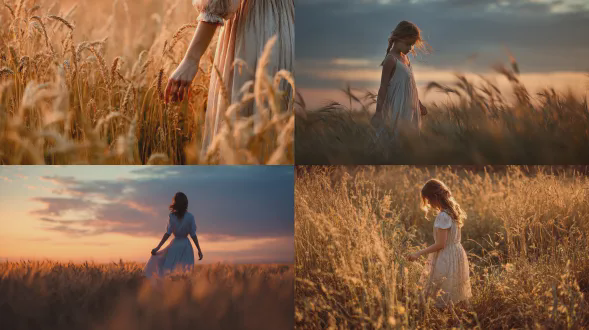 一位穿着浅色连衣裙的年轻女孩在日落时分缓缓走在麦田里，用指尖轻轻触碰草尖,正面全身