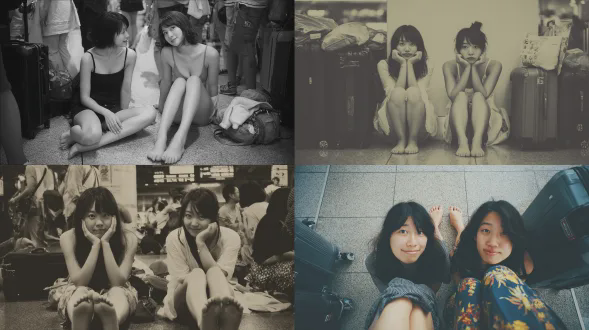 全身秤，从头到脚到地面。在夏天。两位成年日本女性朋友，穿着薄的夏装，在机场。等待她们的航班。她们光着脚，把脚趾伸在行李箱上休息。她们看着你，觉得有趣。她们直接面向你，带着会心的微笑。另一个女人给你的下腹部拍照。照片写实风格