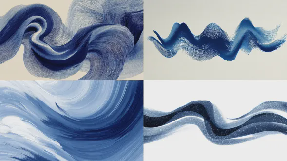 纸上波浪墨水风格，极简构图，流动水墨线条，抽象艺术，深蓝与白色，单色渐变，优雅宁静，手绘纹理，柔光，水彩纸背景，细腻笔触，情感舒缓，现代水墨画，高分辨率。