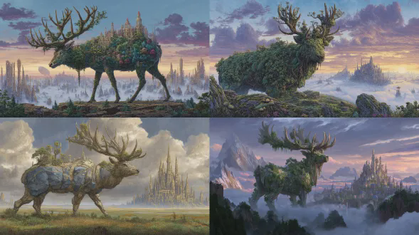 一幅超凡脱俗的全景图，展现一只神一般的巨大雄鹿，它的形体由古老的基岩构成，闪烁着晶莹的脉纹，还有石化的木材。它的整个背部和侧面与一个生机勃勃的外星中世纪城市融为一体，哥特式的尖塔、风车和不可思议的晶体结构直接从它的地质板块和长满苔藓的石头中生长出来。它那如山脉般巨大的晶体鹿角，托着漂浮的岛屿和破碎的方尖碑。雄鹿身上覆盖着生物发光的森林和发光的真菌网络。两颗太阳升起，投射出空灵的金色和紫色光芒，下方有体积雾缭绕。超写实、史诗般的外星世界概念艺术，风格类似罗杰迪恩和约翰·伯基， surreal且宏大。从上方令人敬畏的视角，展现其雄伟的规模。