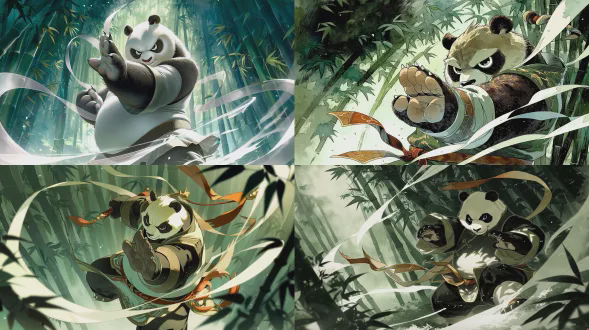 功夫熊猫阿宝，大师姿态，青翠竹林背景，水墨动画风格，电影感构图，浅景深，85mm人像镜头，柔和的顶光，动态捕捉，飘逸绸带，中国风色彩，宁静与力量感交织。