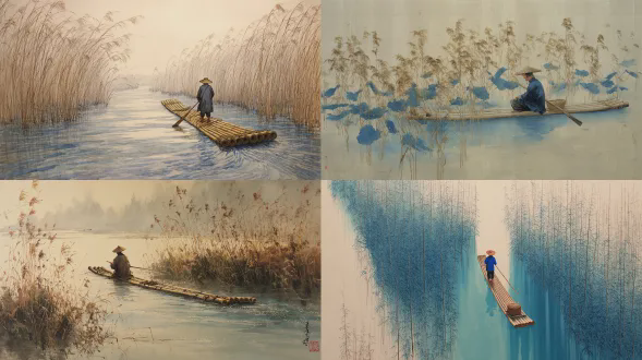 这幅画的主题是一位戴着草帽、穿着雨衣、骑着竹筏穿过芦苇床的渔夫。构图如下：芦苇占画面的85%（垂直密集分布，中间留有狭窄的水道），竹筏和渔夫占10%（垂直排列在中心），水道占5%（如丝带般蜿蜒曲折）。配色以米白色的芦苇为主，搭配浅蓝色的水道和深蓝色的渔民服，低饱和度的配色。光影营造出柔和的漫射效果，光影沿着芦苇的边缘产生微妙的过渡。该画采用了中国早熟的写意手法，笔触描绘了芦苇的密实肌理、竹筏的粗织肌理、渔服的流畅线条。整体效果是一种宁静祥和的氛围，具有充足的负空间。细节包括芦苇的尖刺状纹理、捆绑竹筏的绳索的细节、渔夫帽的纤维纹理以及水道的波纹。整体气氛空灵悠远，具有现代中国田园写意的感觉。