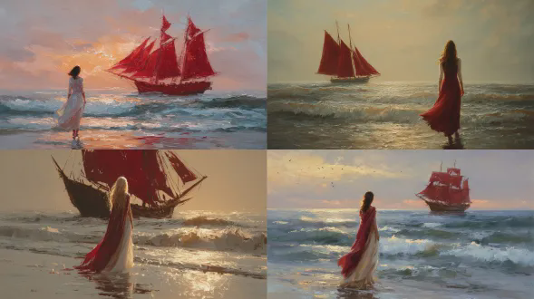 油画风格，猩红帆船破浪航行，白发女孩背对岸站，浅白长裙随风飘逸，侧影孤独，海上黄昏，暖金色调，长焦镜头，柔和侧光，宁静而忧郁，帆船细节，海面波光，印象派笔触，深邃天空，浪漫主义。