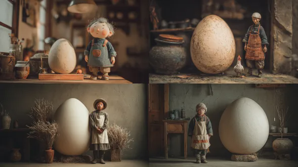 中国古代小农夫拿着碗站在巨型煮鸡蛋旁，微型食品摄影，柔焦特写，温暖自然光，广角镜头，微距细节，泥土质感，柔和阴影，惊喜表情，童趣围兜，大地色系，温馨氛围。