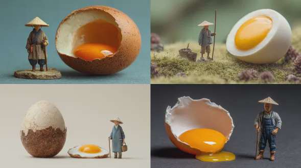 中国古代小农夫拿着碗站在一个巨大的煮鸡蛋和蛋黄旁边，高清自然光微型食品摄影