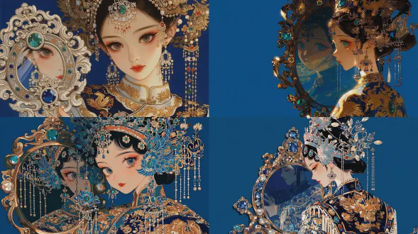 一位来自唐朝的美丽中国女子，妆容华丽，头饰华丽，佩戴着珍贵的珠宝。她的衣服上绣着金色的云朵和凤凰图案。她面对着一面装饰精美的古镜，上面镶嵌着珍贵的宝石和玛瑙，营造出一种宁静而美丽的氛围。镜子里出现了一个美丽女人的美丽脸庞。背景为靛蓝色，以鲜艳的色彩、高饱和度和白色空间代表中国古典美学。