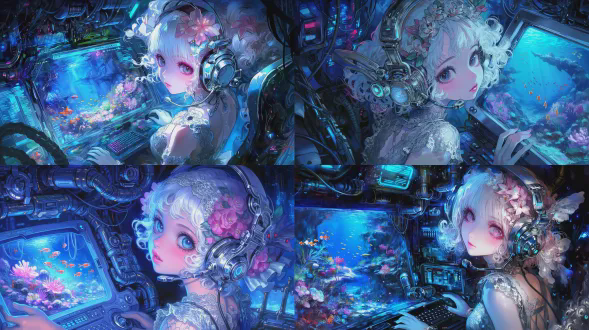 幻想动漫插图，一个可爱的女孩，白头发和卷发，粉红色闪亮的妆容，戴着精致的花朵头饰，银色蕾丝连衣裙，耳朵上戴着带有科技感的巨大耳机，侧身看着相机，手里拿着一个未来主义的电脑屏幕。在屏幕上，有一个美丽的水下花朵和鱼群的场景，背景是未来技术的金属结构、荧光灯和杂乱的金属管道。主色调为科技蓝，具有黑暗的幻想风格、动漫美学、油画笔触和神秘的科幻氛围。颜色丰富且高度饱和