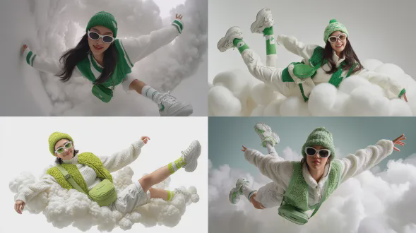 这是一幅在工作室拍摄的商业且时尚的角色作品。画面中的主角是一位26岁可爱的亚洲女性青年，身着白绿配色服饰，戴着绿色针织帽、白色墨镜，白色毛衣搭配绿色背心，脚穿白绿运动鞋和针织袜，还背着一个绿色挎包。角色处于画面中心，陷入白色云朵中，伸展四肢，姿态定格在坠入云朵的瞬间，表情开心放松，完全入镜，相机从角色侧面拍摄，背景是纯白色的工作室画面，边缘留有白色空白
