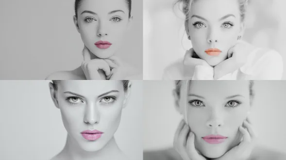 一幅时尚的 vogue 风格魅力肖像，一位时尚的女性直视镜头，优雅的姿势，精致的妆容，光泽的编辑造型，高调的黑白摄影，选择性着色：只有她的嘴唇是柔和的淡粉色色调，其他一切都是单色。明亮轻盈的色调，柔和的漫射工作室灯光，干净的背景，清晰的细节，微妙的胶片颗粒，锐利的眼睛，奢华的简约，逼真的